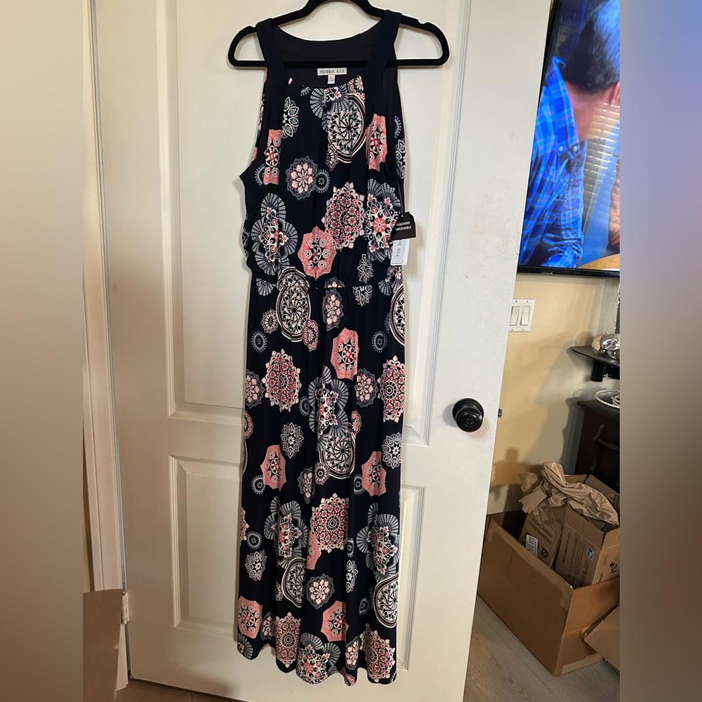 NWT Robbie Bee Boho Navy and Coral Maxi Dress Size L